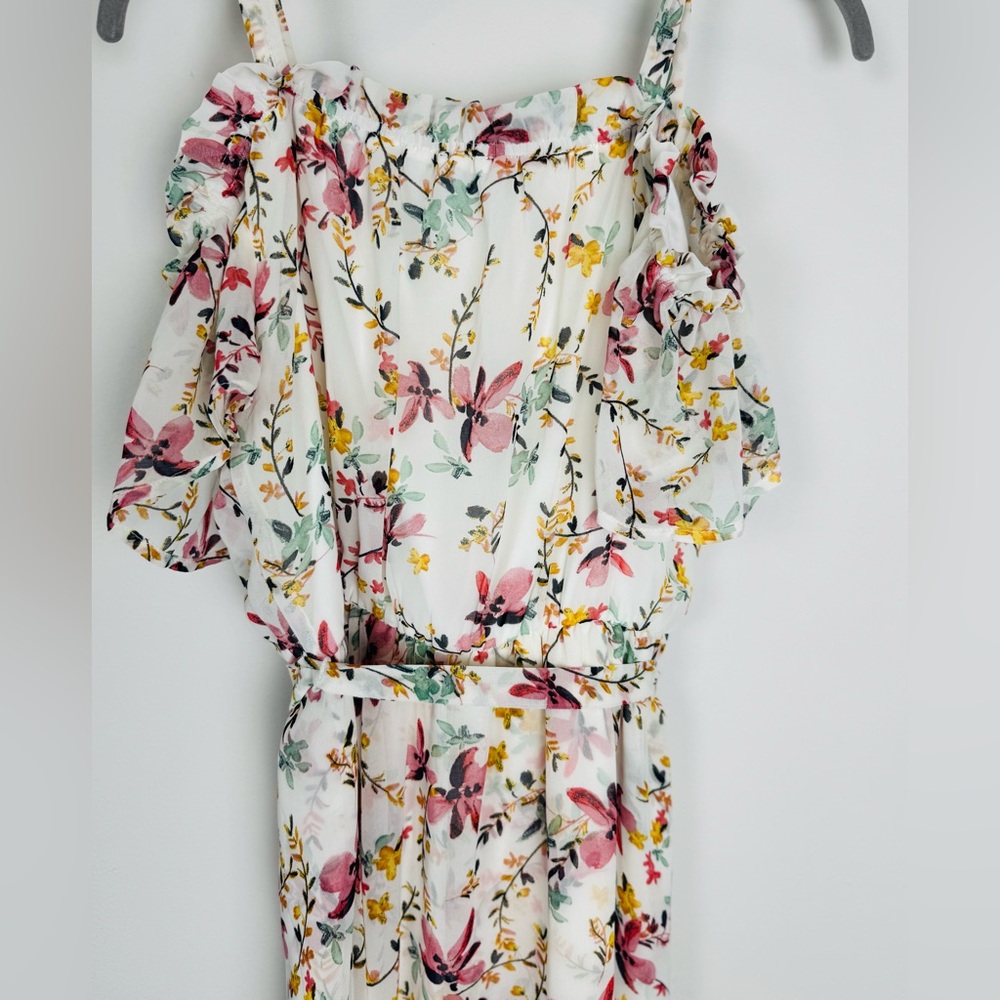 Lily Rose Floral Maxi Overlay Romper Cold Shoulder Belted Size S - Picture 4 of 6
